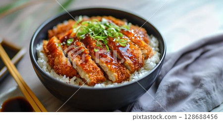 Japanese Traditional Katsu breaded and fried cutlets with rice and sauce in bowl.AI Generative. Japanese Traditional Katsu breaded and fried cutlets with rice and sauce in bowl.AI Generative. 128688456