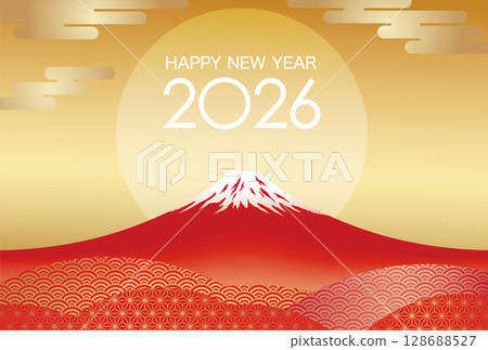 2026 年新年賀卡模板，上面有富士山和初升的日出 128688527