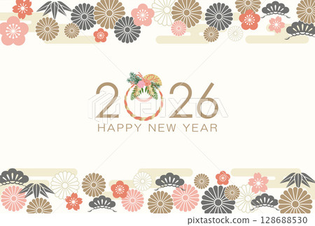 2026年柔和色彩日式新年賀卡模板 128688530