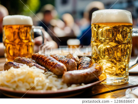 Large glasses of cold lager craft beer with sausages and cabbage on table.AI Generative. 128688607
