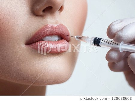Face and lips of an young beautiful woman receiving botox treatment beauty clinic.AI Generative. 128688608