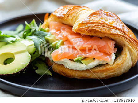 Croissant salmon sandwich with creamy cheese and and fresh avocado on black plate.AI Generative. 128688610