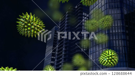 Image of virus cells over cityscape Image of virus cells over cityscape 128688644