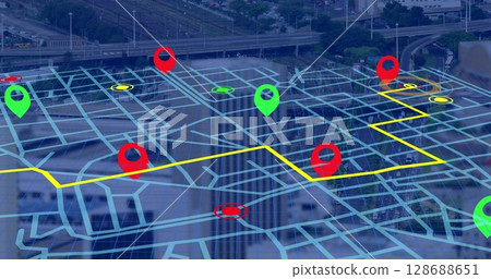 Navigator pin over navigation map line scheme against aerial view of city traffic Navigator pin over navigation map line scheme against aerial view of city traffic 128688651