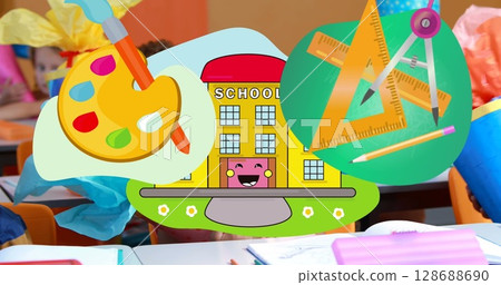 Image of school icons over schoolchildren and globe Image of school icons over schoolchildren and globe 128688690