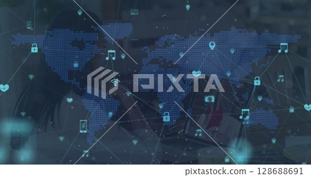 Image of network of connections and world map over caucasian woman using laptop 128688691