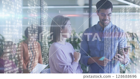 Image of data processing over diverse business people in office Image of data processing over diverse business people in office 128688696