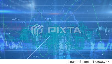 Image of financial data processing over 3d cityscape drawing Image of financial data processing over 3d cityscape drawing 128688746