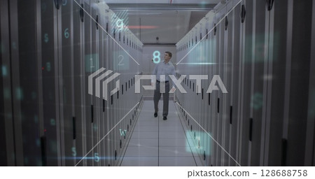 Image of virus scanning and caucasian man checking servers Image of virus scanning and caucasian man checking servers 128688758