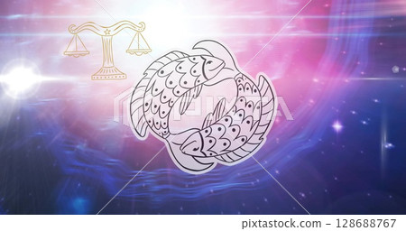 Image of horoscope symbols over blue background 128688767