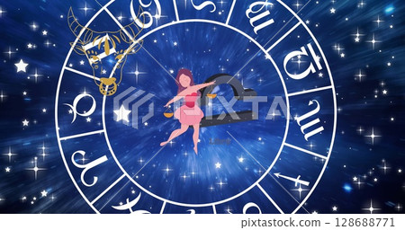 Image of taurus and libra star signs over spinning zodiac sign and skies on blue sky 128688771