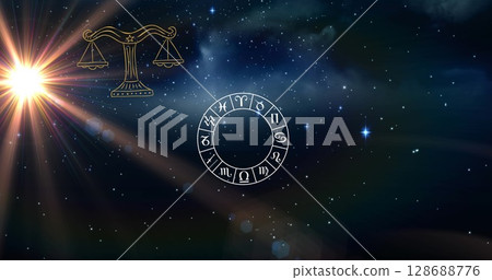 Image of horoscope symbols over stars on black background Image of horoscope symbols over stars on black background 128688776