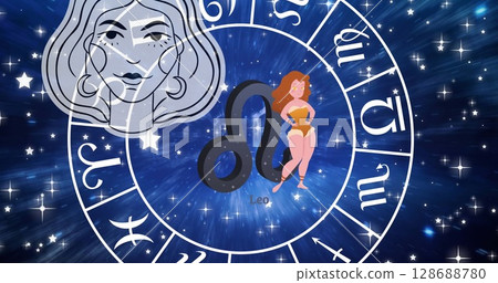 Image of horoscope symbols over stars on blue background Image of horoscope symbols over stars on blue background 128688780