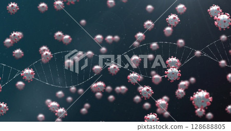 Image of dna strand and virus cells on black background Image of dna strand and virus cells on black background 128688805