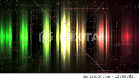 Mathematical equations and diagrams against colorful light trails on black background 128688823