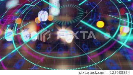 Image of scope scanning and data processing over out of focus city lights 128688824