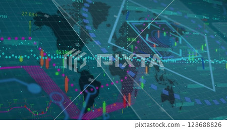 Image of data processing over world map Image of data processing over world map 128688826
