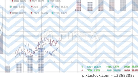 Image of financial data processing over shapes on white background Image of financial data processing over shapes on white background 128688882