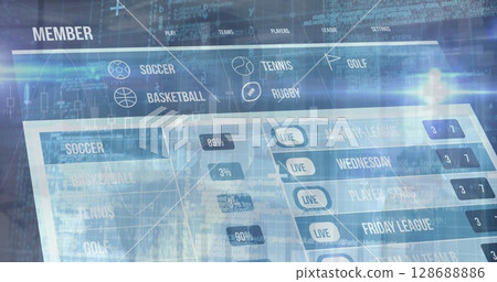 Image of financial data processing over diverse business people in office 128688886