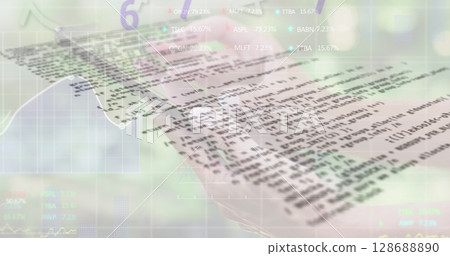 Image of financial data processing over caucasian woman using smartphone 128688890