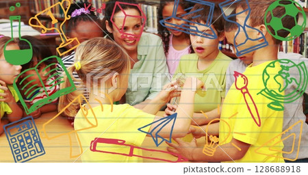 Image of school icons over diverse schoolchildren and teacher in classroom Image of school icons over diverse schoolchildren and teacher in classroom 128688918