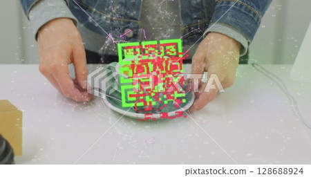 Image of data processing with qr code over caucasian man with coffee 128688924
