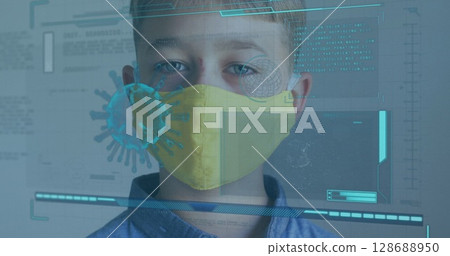 Facing camera boy wearing yellow protective face mask in virtual lab, with 3D virus graphic Facing camera boy wearing yellow protective face mask in virtual lab, with 3D virus graphic 128688950