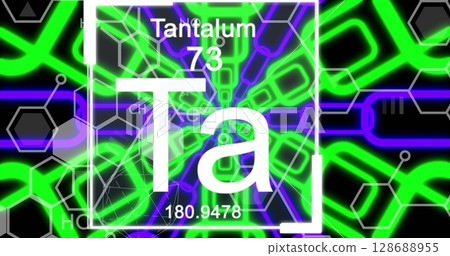 Image of chemical symbols over shapes on black background 128688955