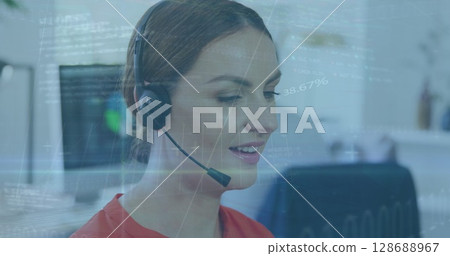 Image of data processing over caucasian businesswoman using phone headset in office 128688967