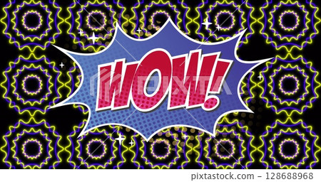 Image of wow text over shapes on black background 128688968
