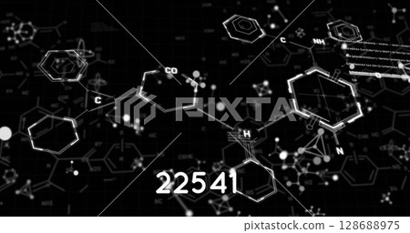 Image of molecules and data processing over chemical formula on black background Image of molecules and data processing over chemical formula on black background 128688975