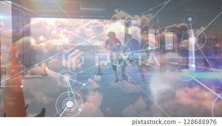Image of data processing over african american male and female soccer players exercising Image of data processing over african american male and female soccer players exercising 128688976