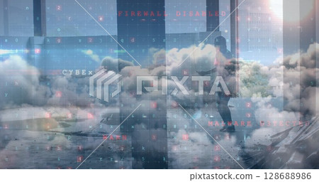 Image of cyber attack warning over clouds and man skipping with skipping rope Image of cyber attack warning over clouds and man skipping with skipping rope 128688986