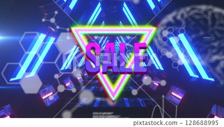 Image of sale over tunnel made of neon triangles and chemical formulas Image of sale over tunnel made of neon triangles and chemical formulas 128688995