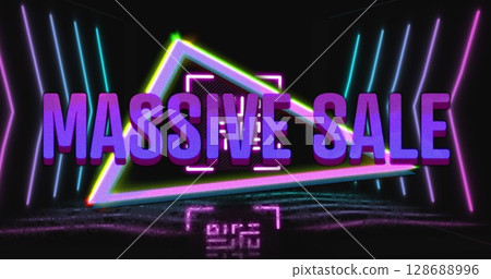 Image of massive sale text over shapes on black background Image of massive sale text over shapes on black background 128688996