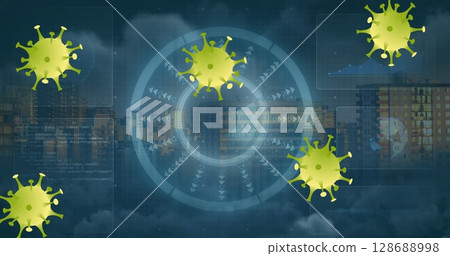 Displaying central circular HUD hovering over night skyline, with green virus icons, UI panels Displaying central circular HUD hovering over night skyline, with green virus icons, UI panels 128688998