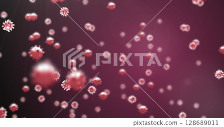 Floating 3D-rendered coronavirus particles drifting in gradient space, with white crown spikes 128689011