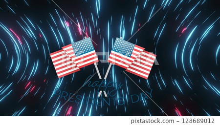 Image of usa flags over blue and pink lights moving fast on black background Image of usa flags over blue and pink lights moving fast on black background 128689012