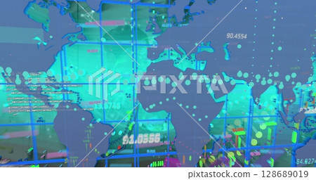 Image of financial data over world map on blue background 128689019