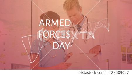 Image of armed forces day over caucasian female and male doctors talking Image of armed forces day over caucasian female and male doctors talking 128689027
