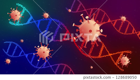 Floating large stylized virus particle drifting over abstract molecular art, with DNA helix strands 128689050