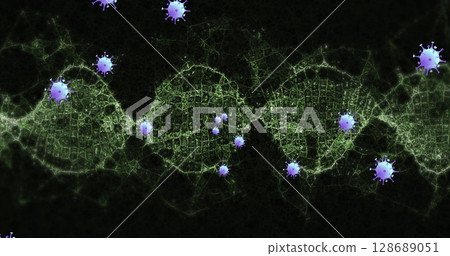 Illuminating green DNA helix pulsing in microscopic lab view, with purple virus particles Illuminating green DNA helix pulsing in microscopic lab view, with purple virus particles 128689051