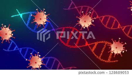 Rotating central stylized DNA helix floating in abstract digital space, with spherical virus icons 128689053