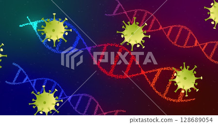 Floating green virus particles swirling in digital art, with colored DNA double-helix strands 128689054