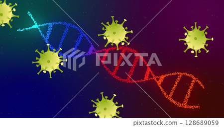 Illustrating dotted DNA helix twisting across medical gradient backdrop, with virus particles Illustrating dotted DNA helix twisting across medical gradient backdrop, with virus particles 128689059