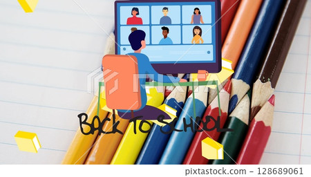 Image of back to school text with schoolboy using computer over coloured pencils on notebook 128689061