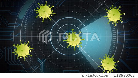 Image of covid 19 cells and scope with computer circuit board and data processing Image of covid 19 cells and scope with computer circuit board and data processing 128689065