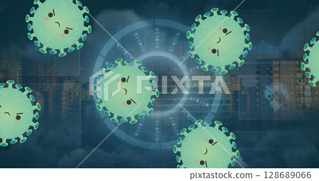 Image of covid 19 cells and scope with cityscape Image of covid 19 cells and scope with cityscape 128689066