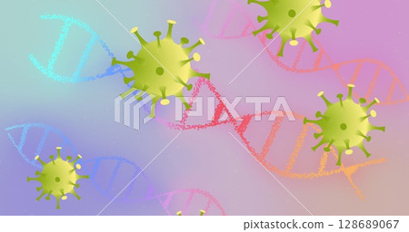 Displaying large green virus icon floating in digital abstract design, with colorful DNA helices 128689067