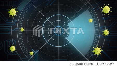 Image of covid 19 cells and scope with computer circuit board and data processing Image of covid 19 cells and scope with computer circuit board and data processing 128689068